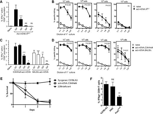 Figure 2. CD8+ T-cell priming upon administration of Kb-deficient or allogeneic NK-cell targets is highly sensitive. CD8+ T-cell responses upon administration of various doses of Kb-deficient (A,B) or allogeneic (C-D) NK-cell targets. CD8+ T-cell responses were quantified 8 days after immunization by measuring IFN-γ production upon restimulation with OVA257-264 ex vivo (A) or the ability of CD8+ T cells to kill OVA-expressing target cells in vitro (B). (C,D) C57BL/6 mice were either immunized with act-mOVA targets on a mixed H-2b × H-2k (closed bars) or H-2b × H-2d (open bars) background (± SEM; n = 3). (E) Survival of allogeneic C3H/HeN-act-mOVA and β2m-deficient splenocytes in C57BL/6J recipient mice (percentage is calculated from the ratio between β2m-deficient and C57BL/6J cells in β2m-deficient recipients for each day). (F) CD8+ T-cell responses upon administration of 106 allogeneic C3H/HeN.act-mOVA target cells in C57BL/6J control, C57BL/6J-Prf1tm1Sdz, and C57BL/6Jgld/gld recipient mice (n = 6 for each group).