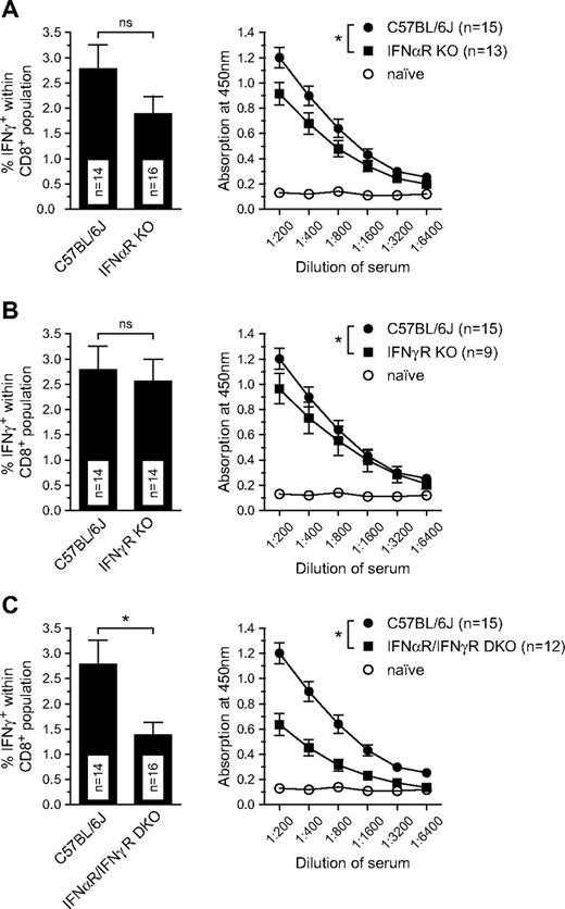 Figure 4. IFNs are key components of the NK cell–mediated CD8+ T-cell responses. (A-C) CD8+ T-cell responses as measured by IFN-γ production upon restimulation with OVA257-264 peptide ex vivo (day 8) and OVA-specific total IgG (measured day 14) in wild-type, IFN-αR, IFN-γR, and IFN-α/IFN-γR double-deficient mice. Values represent the mean ± SEM of pooled data from 3 to 4 independent experiments (*P ≤ .05).