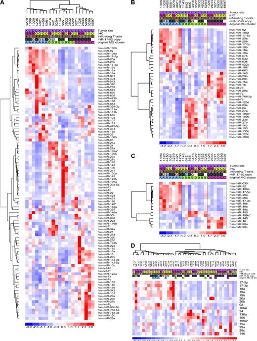 Figure 2. MicroRNA expression profiling in DLBCL, training and validation sets. (A) Unsupervised hierarchical clustering analysis of 21 DLBCLs (training set) defined 3 unique subsets of tumors based on the differential expression of 98 miRNA genes (MiRNA Groups A-C). (B,C) Two rounds of one-way ANOVA testing identified subsets of 38 and 16 miRNAs whose expression could effectively discriminate DLBCLs into these 3 subsets. (D) Validation of the miRNA-defined molecular substructure in an extended cohort of DLBCLs. Expression of 17 mature miRNAs was defined by stem-loop real-time RT-PCR, and unsupervised hierarchical clustering of 42 DLBCLs was performed with the use of dChip. All tumors reanalyzed by RT-PCR clustered into their originally assigned groups. In each heat-map, a column represents a DLBCL sample and a row represents a miRNA. Tumor features listed at the top of the figure include the following: site, GC or non-GC origin (IHC), extent of T-cell infiltrate, and copy number of the miR-17-92 cluster for samples in which both array CGH and expression analyses were performed; G indicates gain; D, diploid, L, loss. Original MG cluster was determined by microarray analyses.