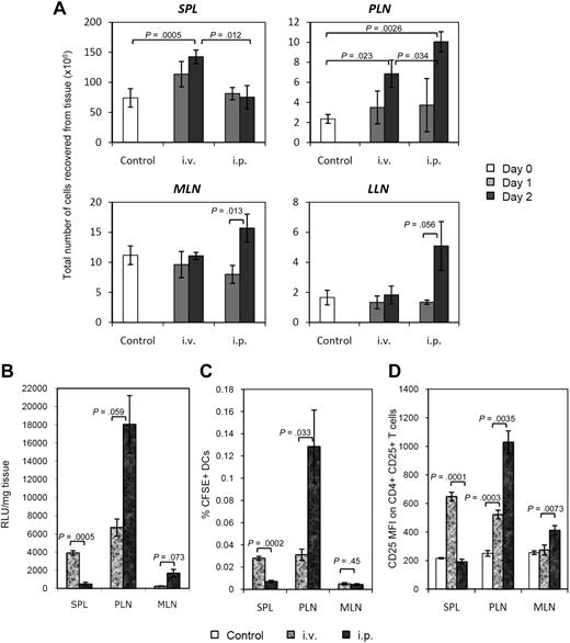 Figure 5. Differential immune responses as a result of differential BM-DC homing. (A) Increase in cell number in DC-targeted lymphoid tissues (spleen, PLNs, MLNs, LLNs) on day 1 and day 2 after intravenous or intraperitoneal injection. Data show the mean from 3 mice ± standard deviation (SD) (except uninjected control group, n = 5). (B) Relative biodistribution of Luc+ DCs in spleen, PLNs, and MLNs 3 days after intravenous or intraperitoneal injection in NOD mice. All data show the mean from 3 mice ± SE. (C) Percentage of CFSE+ DCs in spleen, PLNs, and MLNs 2 days after intravenous or intraperitoneal injection in NOD mice. Data show the mean from 3 mice ± SD. (D) Mean fluorescence intensity of CD25 expression on CD4+ CD25+ T cells in spleen, PLNs, and MLNs 2 days after intravenous or intraperitoneal injection of CFSE+ DCs. Data show the mean from 3 mice ± SD (except uninjected control group, n = 5). t test was used for all statistical analyses.