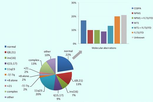 Pie chart showing the frequency of cytogenetic abnormalities in pediatric AML, with emphasis on single-gene mutations in cytogenetically normal AML (CN-AML) in children, based on references.2,3,5 Note that in approximately 20% of cases of CN-AML, these abnormalities are still unknown.