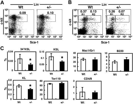 Figure 2. Haploinsufficiency of PSF1 for hematopoiesis. (A,B) Cells of KSL populations in the BM from 8-week-old mice (A) and 1-year-old mice (B) were analyzed. Percentage of each fraction indicated by box was represented. R1 and R2 in panel B indicates fraction from c-kit+Sca-1−Lin− cells and c-kit+Sca-1+Lin− cells, respectively. (C) Quantitative evaluation in percentage of each fraction among all BM cells of 1-year-old wild-type (Wt) or PSF1+/− (+/−) mice as indicated. Mac-1/Gr-1 (myeloid), B220 (B cells), CD4/CD8 (T cells), or TER119 (erythroid). HSCs populations were studied in a CD34− KSL cell population. Populations of KSL (c-kit+Sca-1+Lin− cells) and KL (c-kit+Sca-1−Lin− cells) were also evaluated. *P < .05.