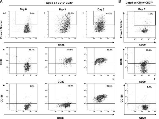 Figure 3. Efficiency of B-cell polyclonal activation. CD19+ CD27+ B cells from 1 representative healthy control (no. 7) were analyzed by flow cytometry for size features and the expression of CD20, CD38, and CD138 over the culture period. Cells were gated on CD19 and CD27 membrane expression. (A) The phenotype of stimulated cells was shown at day 0, day 3, and day 6, which included the cell incubation of the ELISpot assay. (B) Histogram dot plots of unstimulated cells represented the level of spontaneous differentiation at day 6.