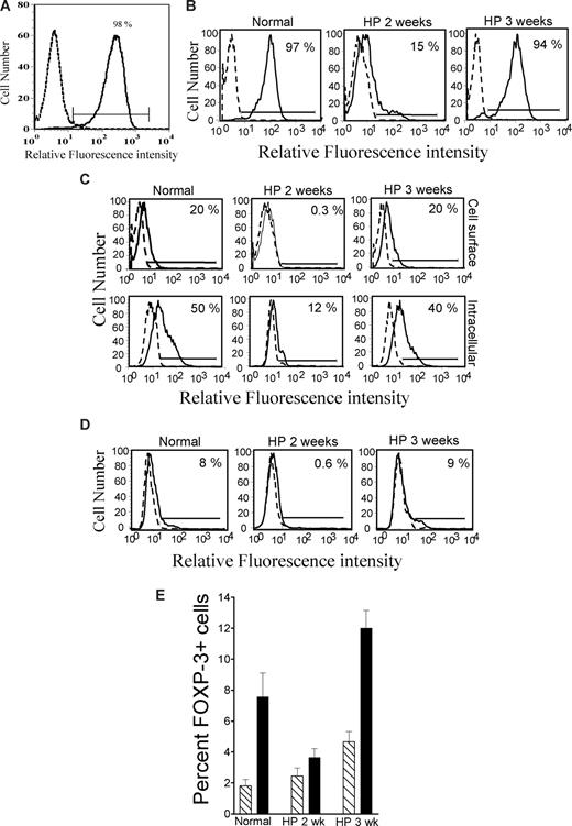Figure 1. T cells are defective in the expression of PD-1, CTLA-4, and Foxp3 at the early stages of HP. (A) Freshly isolated spleen cells were transfused into irradiated mice. After 2 weeks, splenic CD4+CD25− T cells were isolated and stimulated with anti-CD3/CD28 for 48 hours and analyzed for CD25 expression (IL-2α receptor). Almost all HP T cells were activated, as shown by up-regulation of CD25. Similar results were obtained with conventional (non-HP) T cells (data not shown). (B) Freshly isolated spleen cells were transfused into irradiated mice. After 2 weeks and 3 weeks, splenic CD4+CD25− T cells were isolated and stimulated with anti-CD3/CD28 for 48 hours and analyzed for PD-1 expression. Few HP T cells up-regulated PD-1 expression at 2 weeks, but this was restored to normal levels at 3 weeks. (C) Same as panel B, but analyzed for cytoplasmic and membrane CTLA-4. In panels A-C, dotted line histogram indicates isotype control; solid line histogram, specific antibody. Low expression of CTLA-4 followed the same pattern as PD-1 expression. (D) Same as panel B, but stimulation was in the absence (dotted line histogram) or presence (solid line histogram) of 2 ng/mL TGF-β1, and analyzed for Foxp3 expression. At 2 weeks, Foxp3 was poorly induced in HP T cells compared with control T cells, but this was restored at 3 weeks. (E) Percentage of Foxp3+ cells induced by TGF-β as in panel D (mean ± SEM; n = 4), at 2 weeks (HP 2 wk) or 3 weeks (HP 3 wk) after cell transfer. The expression of PD-1, CTLA-4, and Foxp3 was severely deficient at 2 weeks (n = 4, P < .05), but completely restored at 3 weeks. In all cases, 4 mice per group were examined and a representative histogram is shown.
