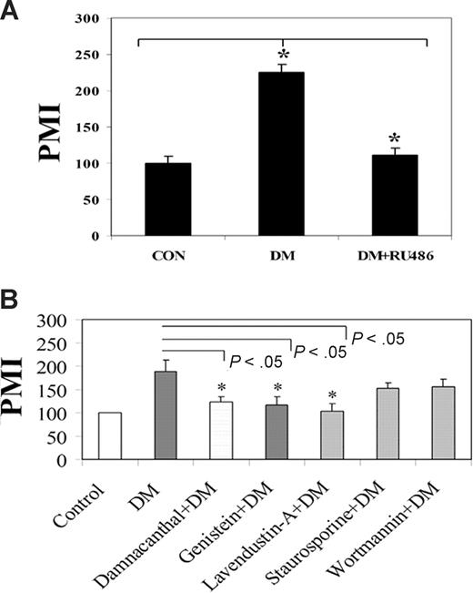 Figure 3. DM enhancement of T-cell migration is a GCR- and Lck-dependent event. (A) Primary human T cells were labeled with calcein-AM and incubated in the presence or absence of 5 μM mifepristone (RU486) for 1 hour. The cells were then treated with DM (1 μM) for 2 hours after which the cells were examined for their ability to migrate in response to CXCL12 (100 ng/mL) for 2 hours. (B) Primary T cells were treated with damnacanthal (500 nM for 1 hour), a Lck inhibitor, genistein (50 μM for 1 hour), a tyrosine kinase inhibitor, lavendustin-A (10 μM for 10 minutes), a Src kinase inhibitor, staurosporine (200 nM for 30 minutes), a protein kinase C inhibitor, or wortmannin (20 nM for 30 minutes), a phosphatidylinositol 3 kinase inhibitor. The dose and timing of each inhibitor treatment were previously optimized. The cells were then treated with 1 μM DM for 2 hours followed by a migration assay. The vehicle for all the treatment was maintained in parallel. No significant alterations in cell viability were detected for any of these inhibitors or vehicle as assessed by Trypan blue exclusion (data not shown). In all panels, the fluorescent signal of migrated cell was measured using a microfluorimeter. Triplicate well determinations were performed for each treatment group. The data were presented represent the average of 3 individual experiments plus or minus SE. *Significant value (P < .05). PMI indicates the percent migration index.
