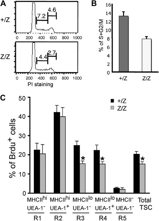 Figure 6. Reduced proliferation of CD45- TSCs in Foxn1lacZ mutant mice. (A) CD45− TSCs from 2-week +/lacZ and lacZ/lacZ thymi stained for propidium iodide and analyzed for cell cycle. The percentage of the populations at S and G2/M phases was reduced in lacZ/lacZ thymus. (B) Quantitative summary of CD45− TSCs at S and G2/M phases. N = 3, P < .05, standard error is indicated. (C) BrdU analysis of proliferation on different thymic stromal subsets of +/lacZ, lacZ/lacZ, and lacZ/nu at 1 month (Figure 4E gates; Figure S5, histogram of Brdu+ cells).