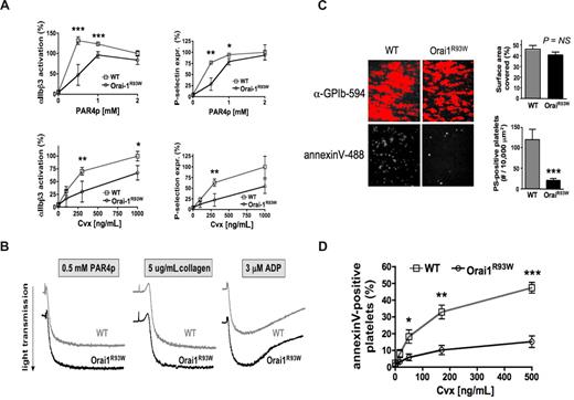 Figure 2. Orai1 regulates Ca2+-dependent platelet responses. (A) Integrin activation and granule release. WT and Orai1R93W platelets were stimulated for 10 minutes with the indicated agonists, stained for expression of activated αIIbβ3 or P-selectin, and immediately analyzed (n = 5-6). (B) αIIbβ3-dependent platelet aggregation (results are representative of 3 independent experiments). (C) PS exposure on platelets adherent to collagen under flow. WT and Orai1R93W whole blood was perfused over collagen at a shear rate of 1000 s−1 for 2 minutes, and stained with annexin V–Alexa 488 and anti-GPIbα-Alexa 594. The surface area covered by platelets and the number of PS-positive cells was evaluated in 6 visual fields from 3 independent experiments. (D) PS exposure on platelets activated under static conditions. Platelets were stimulated with the combination of PAR4p (1 mM) and Cvx (indicated doses) for 10 minutes under static conditions, stained with annexin V–Alexa 488, and immediately analyzed. Results are expressed as mean plus or minus the standard error of the mean (SEM) (n = 7-8). *P < .05, **P < .001, ***P < .0001.
