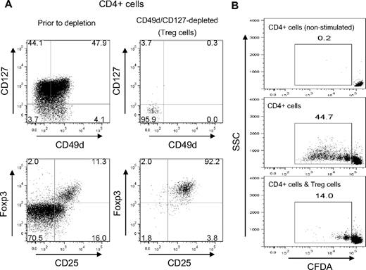 Figure 4. Isolation of untouched Treg cells from CD4+ T cells by CD49d/CD127 depletion. CD4+ cells of human PBMCs were depleted of CD127/CD49d-expressing cells by MACS. (A) FACS analysis before and after depletion. FACS plots are shown for the CD4+ cell population before the depletion (left panels) and for the cells remaining after CD49d/CD127 depletion (right panels). Data are shown for the staining CD49d versus CD127 (top panels) and CD25 versus Foxp3 (bottom panels). Numbers refers to the percentage of cells in each quadrant. (B) Suppressive capacity. CD49d−CD127− cells isolated by MACS depletion were used as suppressor cells (Treg) in a FACS-based in vitro assay to inhibit the proliferation of CFDA-labeled CD4+ cells (ie, CD49d+CD127+ cells removed from the Treg population by the depletion). The panels indicate the CFDA staining without any stimulation (top panel), after stimulation (middle panel) or after stimulation in the presence of CD49d−CD127− Treg cells at a ratio of 1:1 (bottom panel). Numbers represent the percentage of dividing CD4+ cells. Data are representative of 8 independent experiments with blood from healthy donors (average inhibition, 78% ± 11%).