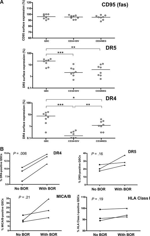 Figure 3. Surface expression of death receptor proteins on quiescent CD34+ and cycling CD34+ and CD34− CML cells. (A) Expression of Fas (CD95), TRAIL receptors DR4 and DR5 on quiescent CD34+ (QSC), cycling CD34+ (CD34+DIV) and CD34− (CD34NEG) CML cells. *P < .05, **P < .01, ***P < .001 (n = 3 chronic phase, n = 4 accelerated phase, n = 1 blast crisis) (B) Effect of 10 nM bortezomib (BOR) treatment on the surface expression of TRAIL receptors DR4 and DR5, MICA/B, and major histocompatibility complex class I (HLA A,B, and C) on QSCs (mean of 2 separate experiments in each patient-donor pair; UPI 360, UPI 452, accelerated-phase CML and UPI 481, blast-crisis CML).