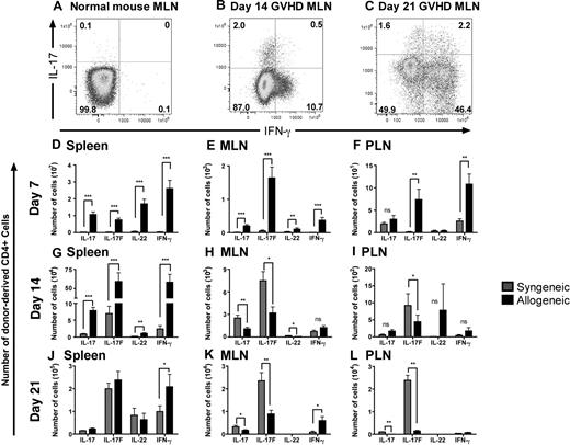Figure 1. Th17 cells are found in lymphoid organs after BMT. Lethally irradiated (850 cGy) BALB/c mice were reconstituted with 5 × 106 WT TCD-BM and 0.5 × 106 CD4+ T cells. One representative staining for intracellular IFN-γ and IL-17 on CD4+ T cells from (A) untreated B6 mice (n = 5) and donor-derived CD4+ T cells from the MLN from mice with GVHD (B) on day 14 (n = 8) and (C) day 21 after BMT (n = 9). The absolute number of donor-derived CD4+ T cells expressing IL-17, IL-17F, or IL-22 in the (D-F) spleen, (G-I) MLN, and (J-L) PLN on days 7 (syngeneic n = 10; allogeneic n = 16), 14 (syngeneic n = 10; allogeneic n = 14), and 21 (syngeneic n = 5; allogeneic n = 14) after BMT. The mean and SD of each group is shown. Data represent 2 combined experiments. *P ≤ .05, **P ≤ .01, ***P ≤ .001.