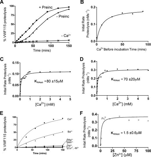 Figure 1. Ca2+ dependence of the VWF115 proteolysis by ADAMTS13. (A) 20 nM purified ADAMTS13 in 150 mM NaCl, 20 mM Tris-HCl (pH 7.8) was preincubated with 5 mM CaCl2 for 60 minutes (+ Preinc), 0 minutes (−Preinc), or in the absence of CaCl2 (−Ca2+) before addition of 1.6 μM VWF115 substrate. Reactions were incubated at 37°C and stopped with EDTA, and VWF115 cleavage was quantified by HPLC. (B) The reaction conditions were as in panel A, but initial rates of substrate proteolysis by fully purified ADAMTS13 were determined as a function of preincubation time with 5 mM CaCl2. (C) Reactions were set up again as in panel A, except that the concentration of CaCl2 was varied and the KD(app) (± SD; n = 4) was derived for purified ADAMTS13. (D) 1 nM of ADAMTS13 in dialyzed conditioned medium was used under identical conditions to that used in panel C, and the KD(app) (± SD; n = 4) was again derived. (E) 1 nM of ADAMTS13 in dialyzed conditioned medium was studied as in panel A, except that preincubation was performed in the presence of 10 mM (final concentration) of CaCl2, BaCl2, MgCl2, NiSO4, MnCl2, or CuSO4. (F) 1 nM ADAMTS13 was pretreated with 15 mM EDTA to remove the Zn2+ ions, dialyzed and equilibrated in 150 mM NaCl, 20 mM Tris-HCl (pH 7.8), 5 mM CaCl2, and varying concentrations of ZnCl2 between 0 and 100 μM for 60 minutes at 37°C before addition of 1.6 μM VWF115 substrate. Reactions were stopped with EDTA after 10 minutes and proteolysis analyzed by HPLC, from which a KD(app) for Zn2+ of 1.5 μM (± 0.6 μM) was derived.