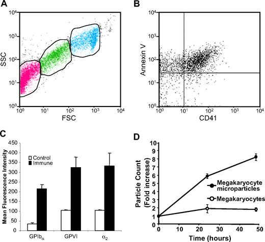 Figure 2. Mouse megakaryocytes produce microparticles that express phosphatidylserine and multiple platelet markers on their surface. (A) Mouse megakaryocytes were cultured for 3 days and analyzed by flow cytometry. The middle gate (green) indicates particles with FSC and SSC characteristics of mouse platelets. The gate to the left (pink) indicates microparticles. The gate on the right (aqua) indicates megakaryocytes. (B) Microparticles isolated from megakaryocyte cultures were stained using anti-CD41 antibody and annexin V. (C) Microparticles isolated from megakaryocyte cultures were stained with either isotype-matched nonimmune IgG (control) or IgG directed at CD42b, GPVI, or α2 integrin (immune). Error bars represent the standard deviation of 3 independent assays. (D) Megakaryocyte suspensions were analyzed for megakaryocytes (○) and microparticles (•) on days 3, 4, and 5 of culture. Values relative to the number of megakaryocytes and microparticles, respectively, on day 3 are indicated. Error bars indicate the standard deviation of 4 independent assays.