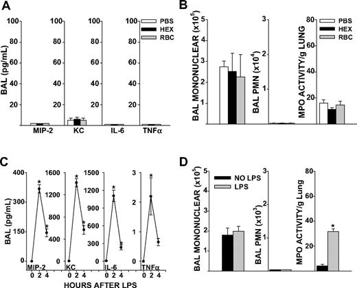 Figure 1. Lung inflammatory responses after RBC transfusion or systemic LPS in naive mice. (A) BAL cytokine concentrations in PBS, HEX, and RBC transfused groups in unstimulated mice (P ≤ .999 for all cytokines measured). (B) BAL total mononuclear cell counts (P = .930), total neutrophil counts (P = .815) or lung MPO activity (P = .294). (C) BAL cytokines MIP-2, KC, and IL-6 were elevated from baseline at 2 and 4 hours after LPS injection (P = .024 for MIP-2, KC, and IL-6 at 2 hours, P = .012 for MIP-2, P = .002 for KC, and P = .009 for IL-6 at 4 hours). TNFα concentrations in the BAL were significantly elevated 2 hours after LPS injection, but not at 4 hours (P ≤ .048 at 2 hours, P = .630 at 4 hours). (D) BAL total mononuclear cells (P = .658) and neutrophils 4 hours after LPS injection (P ≤ .999). Lung MPO activity was increased from baseline at 4 hours after tail vein LPS injection (P < .001). Data represent 3 independent experiments; n = 9-12 animals per group.