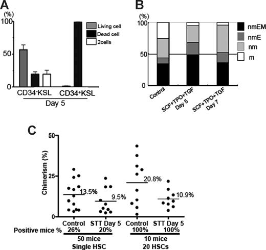 Figure 2. TGF-β induces HSC hibernation ex vivo. (A) Freshly isolated CD34−KSL HSCs and CD34+KSL hematopoietic progenitor cells were sorted clonally into 96-well microtiter plates and incubated in the presence of SCF, TPO, and TGF-β1. At day 5 of culture, cell viability and cell numbers were assessed under an inverted microscope. (B) Freshly isolated CD34−KSL HSCs were sorted clonally into 96-well microtiter plates and incubated in the presence of SCF, TPO, and TGF-β1. At the indicated time points, surviving single HSCs that had not divided were selected. Culture medium was replaced with one supplemented with SCF, TPO, IL-3, and EPO, permitting colony formation. After 14 subsequent days of culture, the colonies were recovered for morphologic examination. As a control, freshly isolated CD34−KSL HSCs were sorted clonally into 96-well microtiter plates supplemented with SCF, TPO, IL-3, and EPO and cultured for 14 days. Proportions of colony types are depicted: n indicates neutrophils; m, macrophages; E, erythroblasts; and M, megakaryocytes. (C) Freshly isolated CD34−KSL HSCs were sorted clonally into 96-well microtiter plates and were incubated in the presence of SCF, TPO, and TGF-β1. At day 5 of culture, surviving single HSCs that had not divided during 5-day culture were selected. Single HSCs or pools of 20 single HSCs (indicated by STT day 5; B6-Ly5.1) were mixed with B6-Ly5.2 competitor cells and injected into lethally irradiated B6-Ly5.2 recipient mice. As a control, freshly isolated single-HSC or 20-HSCs pools were similarly transplanted into recipient mice. Percentage chimerism of donor cells in recipient mice 12 weeks after transplantation is plotted as dots, with mean values indicated as bars. Recipient mice with donor cell chimerism more than 1.0% for myeloid and for B- and T-lymphoid lineages were considered multilineage reconstituted (positive mice).
