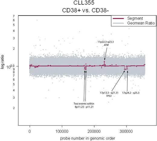 Figure 3. Clonality between the CD38+ and CD38− fractions in CLL355. Copy number aberrations are clearly visible and span known loci of clinical significance.