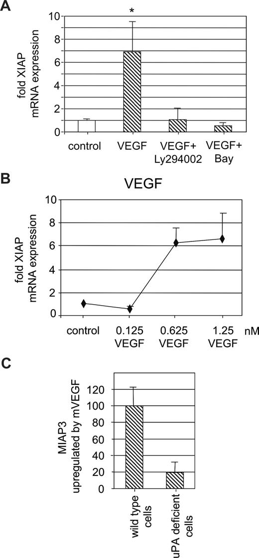 Figure 5. VEGF-induced XIAP mRNA up-regulation is uPA dependent. (A) Dose-dependent effect of VEGF165 (6 hours) on XIAP mRNA expression in HUVECs. Data represent fold increase over control (*P < .01, ANOVA; n = 3). (B) XIAP mRNA up-regulation in HUVECs by VEGF165 (1.25 nM) in the absence or presence of the specific PI3 kinase inhibitor LY294002 (10 μM) or the specific IKK inhibitor BAY 11-7085 (5 μM). XIAP up-regulation by VEGF165 is dependent on LY294002 and BAY 11-7085 (P < .01; n = 4). (C) miap3 (the mouse homolog of XIAP) mRNA up-regulation by mVEGF164 (1.25 nM) in wild-type or uPA−/− mouse endothelial cells. Data are shown as ratio of miap3 mRNA in VEGF-treated uPA−/− cells over miap3 mRNA in VEGF-treated wild-type control cells. VEGF induced up-regulation of miap3 mRNA is only approximately one-fifth in uPA-deficient cells (P < .01; n = 3).