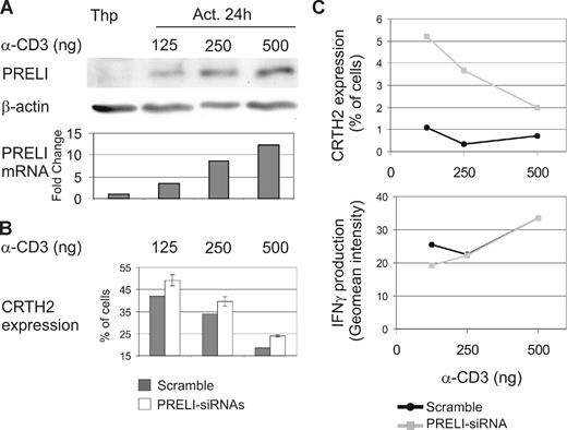 Figure 6. A strong TCR stimulus induces the expression of PRELI, and they both inhibit Th2 cell development. (A) PRELI is induced at the mRNA and protein levels by increasing strength of the TCR stimulus. Naive CD4+ cells were activated with different concentrations of α-CD3 (125, 250, or 500 ng/well) and α-CD28 for 24 hours and subsequently harvested for Western blotting and Taqman RT-PCR analysis. Representative data from 4 independent experiments are shown. (B) The strength of the TCR stimulus and the amount of PRELI in cells influence Th2 differentiation. CD4+ cells nucleofected with scrambled- or PRELI-siRNA oligos (1 or 2) were activated as in panel A and cultured under Th1- or Th2-polarizing conditions for 7 days. The cells were stained with CRTH2-PE and analyzed by flow cytometry. Th1 cells were used as negative controls. Representative data from 2 independent experiments are shown. White bars represent the mean value plus or minus SEM, calculated from PRELI-siRNA1 and PRELI-siRNA2 cultures from the representative experiments. (C) PRELI influences the relative proportion of Th cells under conditions that enable both Th1 and Th2 polarization. CD4+ cells nucleofected and activated (as described earlier in this paragraph) were cultured in the presence of both IL-12 (2.5 ng/mL) and IL-4 (10 ng/mL). After 7 days of culture, expression of CRTH2 was analyzed (as described earlier in this paragraph). Production of IFNγ was measured by intracellular cytokine staining. Representative data from 2 biologic replicates with PRELI-siRNA2 are shown.
