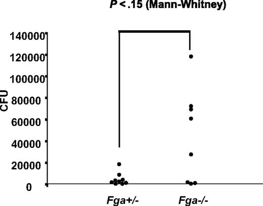 Figure 5. GAS systemic spread in Fga−/− and Fga+/− mice infected with UMAA2616. Bacterial counts from spleens of 8 Fga−/− and 9 Fga+/− mice inoculated with 2 × 106 CFU UMAA2616 were calculated by a plating method. Data were pooled from 2 independent experiments (2.8 × 106 and 2.0 × 106 CFU). The difference of CFU between Fga−/− and Fga+/− mice was tested by the Mann-Whitney test. P value is indicated.