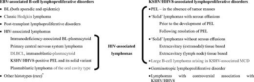 Figure 1. Relationship of HIV-associated lymphomas with EBV and KSHV/HHV8-associated lymphoproliferative disorders. *Other histotypes include lymphomatoid granulomatosis, DLBCL associated with chronic inflammation, EBV-positive DLBCL of the elderly. BL indicates Burkitt lymphoma; DLBCL, diffuse large B-cell lymphoma; EBV, Epstein-Barr virus; HHV8, human herpesvirus 8; KSHV, Kaposi sarcoma herpesvirus; MCD, multicentric Castleman disease; and PEL, primary effusion lymphoma.