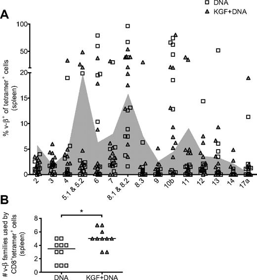 Figure 6. KGF broadens the TCR repertoire of CD8+ cells responding to vaccine in mice after allogeneic BMT. B6 mice underwent T cell–depleted BMT, were treated with KGF, and were vaccinated as described in Figure 5. On day 40, CD8+tetramer+ cells from spleens were evaluated for TCR Vβ family origin with the use of flow cytometry (A). Shaded in gray is the background Vβ family usage, determined by the 20% trimmed mean of tetramer− cells from the same experiments. The number of Vβ families used by tetramer+ cells from individual mice, defined as usage above background, is also shown (B, *P = .01). Data are pooled from 2 experiments with similar results.