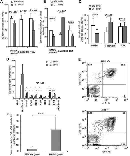 Figure 7. Loss of Mll5 sensitizes HSCs to DNA-demethylation–induced differentiation. 5-azaCdR treatment of Mll5−/− mice efficiently depletes HSCs from bone marrow. Mll5+/+ or Mll5−/− mice were injected subcutaneously with 5% DMSO (control), 5-azaCdR (1 mg/kg), or TSA (1 mg/kg) on days 1, 4, 6, 8, 11, and 13 (3 mice per genotype and drug). On day 21, bone marrow cells were harvested, retrovirally marked with YFP, and transplanted into wild-type recipients (6 mice per genotype and drug). (A) Mean and SD of percentage of treated donor-derived (YFP-positive) cells reconstituted in peripheral blood of wild-type recipients as analyzed after 4, 8 (data not shown), and 12 (data not shown) weeks by FACS analysis. (B) Mean and SD of the number of bone marrow cells in control or drug-treated mice at time of harvest (n = 3 mice per treatment per genotype). (C) Mean and SD of WBC counts in peripheral blood of treated mice at time of harvest as assessed by automated cell counting (n = 3 mice per treatment per genotype). (D) Immunophenotype of bone marrow cells in 5-azaCdR–treated mice at time of harvest. Chart shows mean and SD of cells positive for the respective surface markers (n = 3 mice per treatment per genotype). (E) Representative FACS blot (gating of viable cells) of Gr-1 and Mac-1–stained bone marrow cells of 5-azaCdR–treated mice at time of harvest. (F) Granulocyte progenitors in bone marrow of Mll5+/+ (n = 6) or Mll5−/− (n = 6) mice at time of harvest after intraperitoneal injection of 5-azaCdR 6 times over the course of 14 days and observation of the mice for additional 7 days. Chart shows mean and SD of number of 10-day G-CSF–responsive colony-forming cells formed per 105 bone marrow cells.