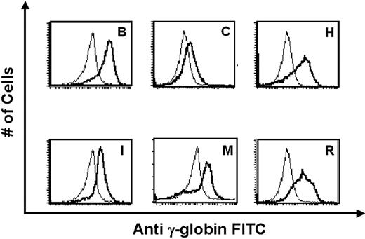 Figure 4. Expression of human γ-globin protein in erythrocytes of ASpEx1IVS1/Aγ-transgenic mice. Fluorescence intensity from a FITC-conjugated monoclonal antibody against human γ-globin was correlated with the number of erythrocytes counted in 6 representative transgenic lines chosen for high Aγ-globin mRNA expression. In each panel, the thick line represents a transgenic mouse and the thin line represents a nontransgenic, littermate control. The single peaks observed represent uniform expression of human γ-globin in these cells, whereas a bimodal peak represents nonuniform or variegated expression.23 Representative transgenic lines are shown, with the letters corresponding to Table S3.