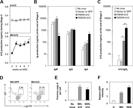 Figure 6. Programming of human B cells to produce the broadly neutralizing anti-HIV antibody, b12-IgG1. (A) B12 levels during stage 2 were measured using b12-specific ELISA and are shown by weeks. Note that the culture media were changed biweekly; thus, the data represent the accumulation of the antibody in 3 to 4 days. The results are mean plus or minus SE from 3 independent cultures. * indicates significant difference from week 2 (P < .05). (B) A total of 50 000 cells of each treatment from stage 2 were transferred to stage 3 of 500 μL per well. Total IgM, IgG, and IgA levels were measured, and the results are mean plus SE from 3 independent cultures. “Vector or GFP” represents the averaged effect of empty vectors (FMHW and FEEKW) and GFP-containing vectors (MH-GFP and EEK-GFP). (C) The levels of b12-IgG1 at the end of stage 3, assayed using b12-specific ELISA, are shown (*P < .02; **P < .002). The bars are color-coded as in panel B. (D) MH-GFP- or MH-b12-transduced HSPCs were cultured through stage 2 and stage 3, and surface-stained with anti-CD19 antibody and intracellularly stained with anti-IgG antibody and monomeric gp120. Monomeric gp120MN was labeled using the Alexa-Fluor-647 Protein Labeling Kit from Invitrogen (Carlsbad, CA). Data were analyzed using flow cytometry and pregated on CD19+ cells. Intracellular proteins recognizing gp120 are identified as α-gp120. (E) Genomic DNA from progenitor cells (at week 2 of stage 2) derived from CD34+ cells uninfected or infected by MH-b12 or EEK-b12 virus was extracted and virus integration was determined as described in “Detection of virus integration.” Provirus copy numbers per cell are shown as mean plus SE from 3 independent cultures. (F) Dakiki plasmacytoma cells were transduced by U-GFP, MH-GFP, or EEK-GFP lentiviruses. Flow cytometry was performed after 72 hours of incubation and the fold of GFP intensity over the effect of U-GFP (defined as 1) is shown. The difference between MH-GFP and EEK-GFP was significant (P < .05). Student 2-tailed t tests were performed using Microsoft Excel statistical software module and the difference was considered statistically significant when the P value was less than .05.