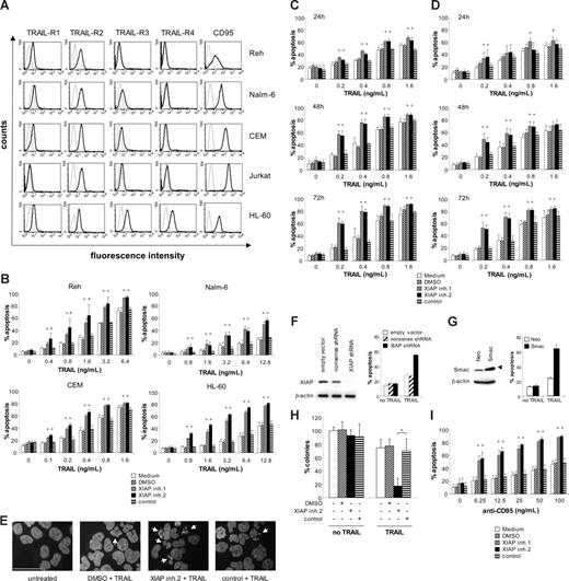 Figure 2. XIAP inhibitors sensitize acute leukemia cells for TRAIL- or CD95-induced apoptosis. (A) Surface expression of TRAIL receptors TRAIL-R1 to -R4 and CD95 on acute leukemia cell lines was determined by fluorescence-conjugated antibodies and flow cytometry (thin line indicates cells stained with isotype control; thick line, cells stained with anti–TRAIL-R1 to -R4 or anti-CD95 antibodies). Fluorescence intensity (x-axis) is blotted against counts (y-axis). A representative experiment of 3 independent experiments is shown. (B-D) Acute leukemia cell lines were treated for 72 hours with indicated concentrations of TRAIL in the absence (□) or presence of XIAP inhibitors, control compound, or DMSO (Reh: 6 nM; Nalm-6: 60 nM; CEM: 60 nM; HL-60: 30 nM, Jurkat: 10 nM). (B,C) Apoptosis was determined by forwardside scatter analysis and flow cytometry in Reh, Nalm-6, CEM, HL-60 cells (B), and Jurkat (C) cells. (D) Apoptosis was determined in Jurkat cells by fluorescence-activated cell sorting (FACS) analysis of DNA fragmentation of propidium iodide–stained nuclei. (E) Morphologic features of apoptosis were determined by DAPI staining in Jurkat cells that were left untreated or were treated for 48 hours with 0.4 ng/mL TRAIL and 10 nM XIAP inhibitor 2, control compound, or DMSO. Arrows indicate apoptotic cells; scale bar represents 200 μm. (F) Jurkat cells transduced with XIAP or control shRNA or empty vector were analyzed for XIAP expression by Western blotting (left panel) and for apoptosis after treatment with 0.4 ng/mL TRAIL for 72 hours by forwardside scatter analysis and flow cytometry (right panel). (G) Jurkat cells transduced with empty vector or a vector containing Smac cDNA were analyzed for Smac expression by Western blotting (left panel) and for apoptosis after treatment with 0.4 ng/mL TRAIL for 72 hours by forwardside scatter analysis and flow cytometry (right panel); arrowhead indicates Flag-tagged Smac. (H) Clonogenic survival was assessed by colony assay as described in “Methods” in Jurkat cells that were left untreated or were treated with 0.4 ng/mL TRAIL in the presence or absence of 10 nM XIAP inhibitor 2, control compound, or DMSO. The percentage of colonies relative to untreated cells are shown. (I) Jurkat cells were treated for 72 hours with indicated concentrations of agonistic anti-CD95 antibodies in the absence (□) or presence of 10 nM XIAP inhibitors, control compound, or DMSO. Apoptosis was determined by forwardside scatter analysis and flow cytometry. (B-D,F-I) Mean and SD of 3 experiments each performed in triplicate (all except H) or duplicate (H) are shown. For statistical analysis, t test was performed comparing XIAP inhibitors to control compound (B-D,H-I), XIAP shRNA to control shRNA (F), or Smac to empty vector (G). #P < .05; *P < .01; **P < .001.