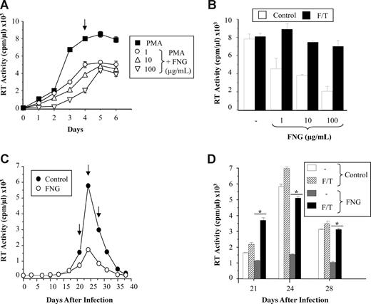 Figure 4. FNG inhibits HIV expression in PMA-stimulated U1 cells and in U937 cells acutely infected with an X4 HIV-1. (A) U1 cells were incubated with the indicated concentrations of FNG and then stimulated with PMA. (B) Cell disruption rescues the RT activity levels of U1 cells stimulated with PMA in the presence of FNG, as detected after 4 days of culture (arrowhead in panel A). (C) U937 cells were incubated with FNG (100 μg/mL) and then infected with the X4 strain HIV-1LAI/IIIB; FNG was added to the cell cultures every 72 hours, when 50% of the culture supernatant was replaced with culture medium. (D) Cell disruption rescued the RT activity levels of acutely infected U937 cells in the presence of FNG at the indicated days after infection (arrowheads in panel C; *P < .001). The results shown were derived from 1 experiment, representative of 3 (A,B) and 2 (C,D) independently performed experiments. cpm indicates counts per minute.