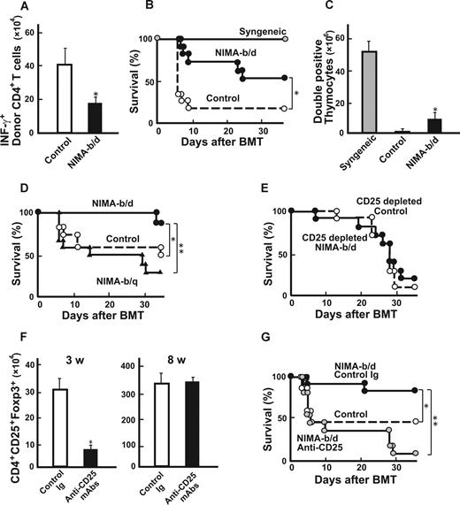 Figure 2. Breastfeeding-mediated tolerogenic NIMA effect is dependent on CD4+CD25+ cells. A newborn B6 mouse was fed by either a B6 mother (control) or a B6D2F1 foster mother (NIMA-b/d). (A) CD4+ T cells (106) isolated from spleens of NIMA-b/d mice or controls were adoptively transferred into irradiated B6D2F1 mice. Numbers of IFN-γ+ donor CD4+ T cells in spleens 5 days after the transfer are shown as mean plus or minus SD (n = 5/group). (B,C) Lethally irradiated B6D2F1 mice received a transplant of 5 × 106 TCD-BM from control B6 mice together with 2 × 106 T cells from NIMA-b/d, controls, or syngeneic B6D2F1 donors. Survival after BMT (B; n = 11/group) and numbers of double-positive thymocytes at 40 days after BMT (C) are shown. (D) B6D2F1 mice received a transplant as described for panels B and C with T cells from a B6 mouse fed by either a B6D2F1 (NIMA-b/d) or B6D1F1 (NIMA-b/q) foster mother. Survival after BMT is shown (n = 14 /group). (E) BMT was performed as described for panels B and C with 0.5 × 106 CD25-depleted CD4+ T cells from NIMA-b/d or control donors. Survival after BMT is shown (n = 10 /group). (F,G) Newborn B6 mice were nursed by a B6D2F1 mother and subcutaneously injected with 75 μg/g body weight of anti-CD25 or irrelevant mAbs 1 and 8 days after birth. The numbers of Foxp3+CD4+CD25+ cells in spleens at 3 and 8 weeks after birth (n = 3/group, mean ± SD; F) and survival of B6D2F1 mice that received a transplant of CD4+ T cells from anti-CD25–treated or control-treated NIMA-b/d donors or B6 donors (G) are shown (n = 11/group). (A,F) The results are representative of 3 replicate experiments. (B-E,G) Data from 2 similar experiments are combined. *P < .05; **P < .01 versus controls.