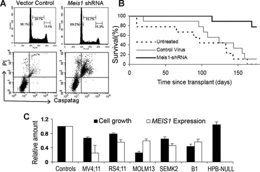 Figure 2. Meis1 knockdown induces cell-cycle arrest and apoptosis and delays establishment of leukemia in vivo. The 4166 cells were transduced with M26 or control virus as described and cultured for 48 hours without puromycin. (A) Top panel: Nuclei were extracted and stained with PI. Analysis of DNA content by flow cytometry showed an increase in the proportion of G0/G1 nuclei (left peak) in M26-transduced cells compared with control virus. Bottom panel: Increased apoptosis was evident by an increase in the uptake of PI and the pan-activated caspase maker CaspaTag. (B) Lethally irradiated mice were given 4166 cells that were either untreated or transduced with M26 or control virus as described. Mice were killed when showing signs of distress. The graph shows a survival analysis comparing the 3 groups (9 mice per group). Mice receiving M26-transduced cells had significantly prolonged survival (P < .001). (C) MEIS1 knockdown inhibits growth of human MLL-fusion gene leukemia cell lines. The cell lines indicated were transduced with MEIS1 shRNA lentivirus or control lentivirus for 3 to 5 days as described at MOI of 10 to 50. Bars represent relative cell growth and MEIS1 expression compared with controls (mean ± SE; n = 3; P < .05 except for HPB-NULL).