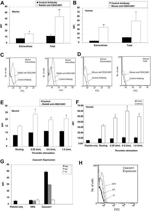 Figure 1. CEACAM1 is expressed on the surface and in intracellular pools in murine and human platelets. (A) Flow cytometric analysis of CEACAM1 surface and total expression on resting murine platelets. Platelets were stained with a polyclonal anti-murine CEACAM1 2457 antibody followed by a secondary FITC-conjugated anti-rabbit antibody. Normal rabbit serum and ceacam1−/− platelets were included as negative controls. Data were collected through a live platelet gate based on forward versus side scatter profiles on a FACSCanto flow cytometer (BD Biosciences). Results combine data derived from 3 independent experiments and are represented as mean fluorescence intensity (MFI) plus or minus SEM. (B) Flow cytometric analysis of CEACAM1 surface and total expression on resting human platelets. Platelets were stained with a monoclonal anti–human CEACAM1 4D1C2 antibody followed by a secondary FITC-conjugated anti–mouse antibody. Normal mouse IgG and ceacam1−/− platelets were included as negative controls. Data were collected through a live platelet gate based on forward- versus side-scatter profiles on a FACSCanto flow cytometer. Results combine data derived from 3 independent experiments and are represented as MFI plus or minus SEM. (C,D) Representative histogram profiles of CEACAM1 surface and total expression on resting murine and human platelets. CEACAM1 surface and total expression was determined as described in panels A and B. (E) Agonist stimulation of murine platelets using thrombin (0.25-1.00 U/mL) over a dose-dependent range. CEACAM1 surface expression was determined as described in panel A. (F) Agonist stimulation of human platelets using thrombin (0.25-1.00 U/mL) over a dose-dependent range. CEACAM1 surface expression was determined as described in panel B. (G) Flow cytometric analysis of CEACAM1 surface expression on resting murine platelets from wild-type versus ceacam1+/− and ceacam1−/− mice. CEACAM1 surface expression was determined as described in panel A. NRS indicates normal rabbit serum. (H) Representative histogram profiles of CEACAM1 surface expression on resting murine platelets from wild-type versus ceacam1+/− and ceacam1−/− mice. *P < .05; **P < .005.