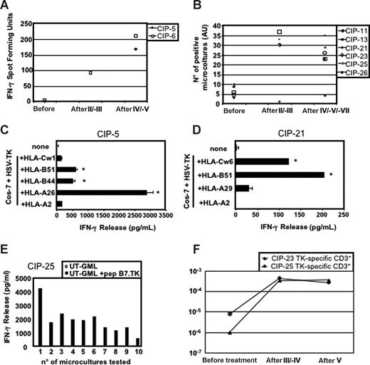 Figure 1. Characterization of TK-specific immune responses. (A) Ex vivo IFN-γ ELISPOT assay and (B) IFN-γ ELISA-based semiquantitative recall assays on multiple groups (105) of PBMCs collected before and after treatment. (C,D) HLA-I restriction of the anti-TK T cells in patients CIP-5 (C) and CIP-21 (D). Microcultures containing TK-specific effectors were challenged with Cos-7 cells transfected with available HLA-I alleles together with HSV-TK cDNAs. Supernatants were then assayed for IFN-γ release (*P < .01). Error bars represent the SD of experimental replicates. (E) Microcultures from the postfourth blood sample of patient CIP-25, a patient expressing the HLA-B7 allele, recognized autologous untransduced (UT)–GMLs pulsed with the TK279-288 epitope previously described.14 (F) Limiting dilution analysis estimating the frequency of anti-TK T cells in patients CIP-23 and CIP-25.