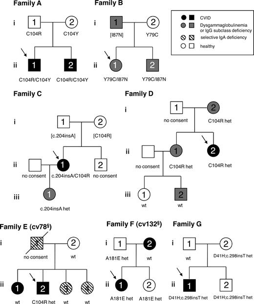 Figure 2. Pedigrees of familial TACI deficiency. Pedigrees of 7 families with TACI deficiency are shown. Symbols: circles indicate female; squares, male; black filled symbols, CVID; gray filled symbols, IgG subclass deficiency or dysgammaglobulinemia; hatched symbols, selective IgA deficiency; slash, deceased; and arrow, index patient. Mutations shown in brackets are inferred. §IDs refer to Voerechovsky et al.33
