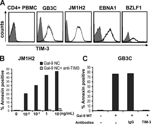 Figure 5. Recombinant galectin-9 induces apoptosis in EBV-specific CD4+ T cells. (A) Intense membrane expression of Tim-3 is detected on 4 EBV-specific CD4+ T cell clones of Th1 subtype but not on polyclonal CD4+ T cells sorted directly from PBMCs (CD4+ PBMC; gray curve, control staining). EBV-specific clones are directed against the EBV-proteins EBNA3C (GB3C), gp350 or BLLF1 (JM1H2), EBNA1, and BZLF1. (B) A recombinant modified form of galectin-9 with increased stability (Gal-9 NC) induces apoptosis in JM1H2 CD4+ T cells with an ID50 of approximately 100 pg/mL (apoptosis was assessed according to the percentage of annexin V–positive cells). (C) Recombinant wild-type galectin-9 (gal-9 WT) at a concentration of 100 pg/mL induces apoptosis in GB3C T cells. Induction of apoptosis is suppressed by preincubation of the T cells with 10 μg/mL blocking anti–Tim-3 monoclonal antibody, but not a control IgG.