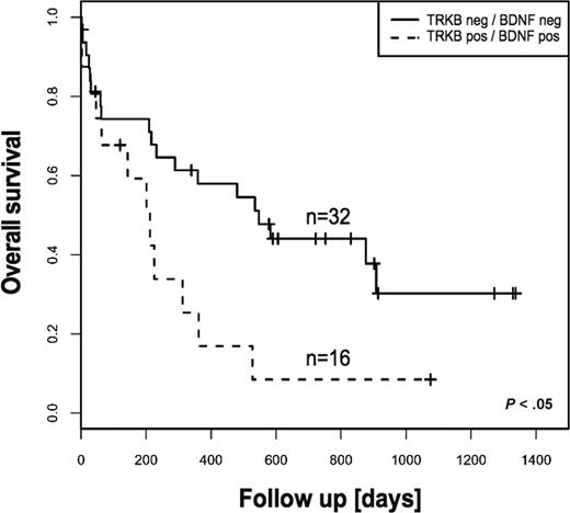 Figure 2. Kaplan-Meier estimates of overall survival for patients with AML according to TRKs and BDNF status. Coexpression of TRKB and BDNF was associated with statistically significant poor outcome. The log-rank test was used to compare differences between survival curves.
