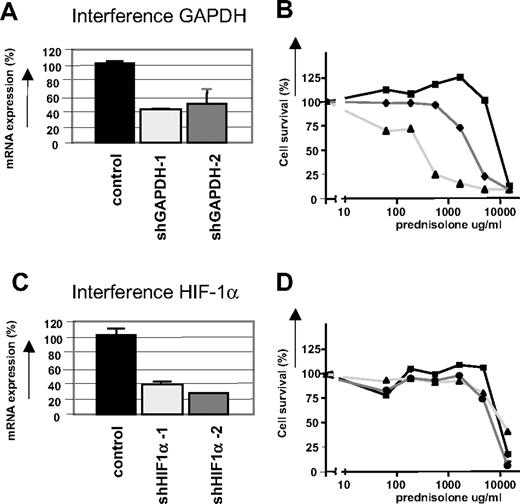 Figure 6. Inhibition of GAPDH expression by RNA interference increases prednisolone-induced cytotoxicity. (A) mRNA levels of GAPDH in Jurkat cells as measured by qPCR. Two different shRNA sequences targeting GAPDH were used (shGAPDH-1 and -2). Expression of cells infected with nonsilencing shRNA sequences was set at 100% and relative expression levels were calculated. (B) Cell survival curves representing in vitro prednisolone responsiveness after RNA interference in cells interfered for GAPDH (, ▲) or in cells infected with a nonsilencing shRNA sequence (■). (C) mRNA levels of HIF-1α in Jurkat cells as measured by qPCR. Two different shRNA sequences targeting HIF-1α were used (sh HIF-1α-1 and -2). Expression of cells infected with nonsilencing shRNA sequences was set at 100%, and relative expression levels were calculated. (D) Cell survival curves representing in vitro prednisolone responsiveness after RNA interference in cells interfered for HIF-1α (, ▲) or in cells infected with a nonsilencing shRNA sequence (■). A representative experiment is shown; data are presented as means plus or minus SD (n = 3).
