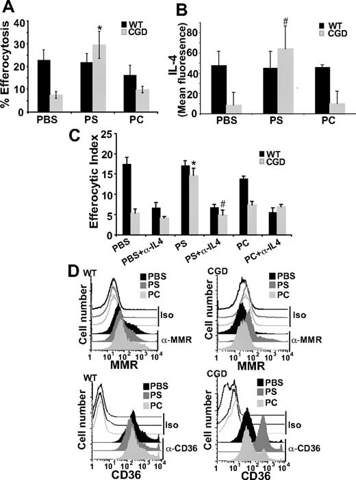 Figure 6. PS-containing liposomes enhance efferocytosis of X-CGD MØs in an IL-4–dependent manner. (A) PBS, PS, or PC liposomes were injected intraperitoneally for 24 hours and in vivo efferocytosis assay was performed as in “Efferocytosis assay.” Data represent means plus or minus SEM; N = 6 experiments. *P ≤ .005 compared with PBS-treated X-CGD. (B) After identical treatment, freshly isolated F4/80-positive MØs were analyzed for intracellular IL-4 by flow cytometry. Data represent means plus or minus SEM; N = 3 experiments. #P ≤ .005 compared with PBS-treated X-CGD. (C) After in vivo treatment as in panel A, RPMØs were plated in the presence or absence of neutralizing antibody to IL-4 (500 ng/mL) ex vivo for 24 hours and efferocytosis assays performed. Data represent means plus or minus SEM; N = 5 experiments. *P ≤ .005 compared with PBS-treated X-CGD; #P ≤ .005 compared with PS-treated X-CGD. (D) After in vivo treatment as in panel A, RPMØs were analyzed for surface receptors by flow cytometry; histograms are representative of N = 3 experiments.