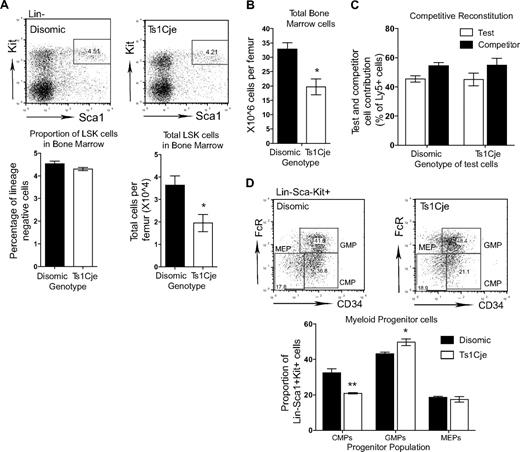 Figure 3. Hematopoietic abnormalities are seen in the Ts1Cje bone marrow. (A) The number of LSK cells in the Ts1Cje BM is reduced (n = 3 mice of each genotype). (B) Ts1Cje BM has a reduced cellularity compared with disomic controls (n = 3 mice of each genotype). (C) Ts1Cje BM HSCs are able to reconstitute hematopoiesis as efficiently as disomic competitor cells. BM from 3 mice of each genotype was transplanted into 5 recipients per donor mouse. (D) Myeloid progenitor cells in the Ts1Cje BM show a reduced proportion of CMPs and a concomitant increase in GMPs. MEPs are not affected (n = 3 mice of each genotype). *P < .05; **P < .01. Error bars represent SEM.