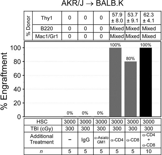 Figure 2. Immune barriers in AKR/J → BALB.K mice. Recipient mice were given sublethal TBI and injected with anti-CD4 (GK1.5), anti-CD8 (53-6.7), anti-asialoGM1, or control IgG before infusion of donor HSCs. Shown are the percentages of mice with donor engraftment and chimerism characteristics at 6 weeks after transplantation. T-cell chimerism was evaluated by FACS for Thy1 surface markers. B-cell and myeloid chimerism was evaluated by PCR for D6Mit3 DNA markers of FACS-sorted B220+ and Mac1/Gr1+ blood cells.