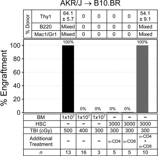 Figure 3. Allogeneic BM engraftment in AKR/J → B10.BR (H2k) mice. Recipient mice were given sublethal TBI, alone or with anti-CD4 (GK1.5) and/or anti-CD8 (53-6.7), before infusion of donor BM or HSCs. Shown are the percentages of mice with donor engraftment and chimerism characteristics at 6 weeks after transplantation. T-cell chimerism was evaluated by FACS for Thy1 surface markers. B-cell and myeloid chimerism was evaluated by PCR for D8Mit224 DNA markers of FACS-sorted B220+ and Mac1/Gr1+ blood cells.