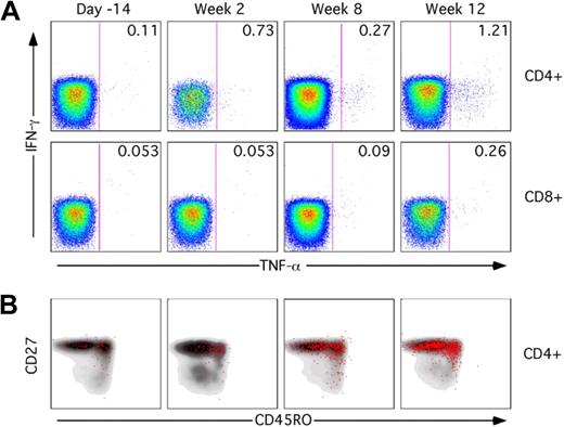 Figure 6. T-cell response to AAV capsid proteins. PBMCs were stimulated for 6 hours with a set of 15-mer peptides covering the AAV capsid protein sequence and cytokine responses assessed by polychromatic flow cytometry. (A) TNF-α response to capsid proteins in CD4+ and CD8+ T cells. Numbers in the top right corner indicate the percentage of responding CD4+ or CD8+ T cells. A minimum of 240 000 events were collected for each time point. (B) Immunophenotyping of responding TNF-α+ cells (red dots) compared with total CD4+ T cells (gray density plots). Cells were gated on forward and side scatter, CD3+ cells, CD14−CD16−CD20− cells. Cells were also stained with an Invitrogen amine reactive live/dead aqua dye.
