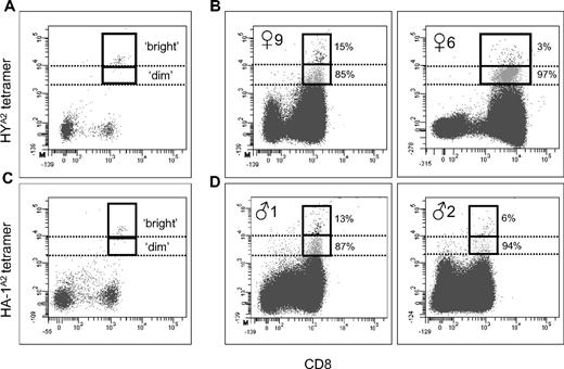 Figure 4. Dissection of HLA-A2/minor H peptide tetramer staining profiles. (A,C) Definition of tetramerbright and tetramerdim gate settings (as indicated by dotted lines) using a tetramerbright staining cytolytic HY (A) or HA-1 (C) specific T-cell clone titrated into CD8-enriched PBMCs. (B) Analysis of tetramer-binding profiles of 2 female donors (♀9 and ♀6) with male offspring after nonstringent sorting of HYA2 tetramer+ CD8+ cells. (D) Analysis of HA-1A2 tetramer-binding profiles of 2 HA-1R/R male donors (♂1 and ♂2) with a HA-1H/R mother after nonstringent sorting of HA-1A2 tetramer+ CD8+ cells. The solid box represents the total CD8+ tetramer+ population; tetramerbright staining T cells are plotted in black; tetramerdim staining T cells are plotted in gray. Percentages indicate the distribution of each T-cell subset in the total tetramer+ fraction.