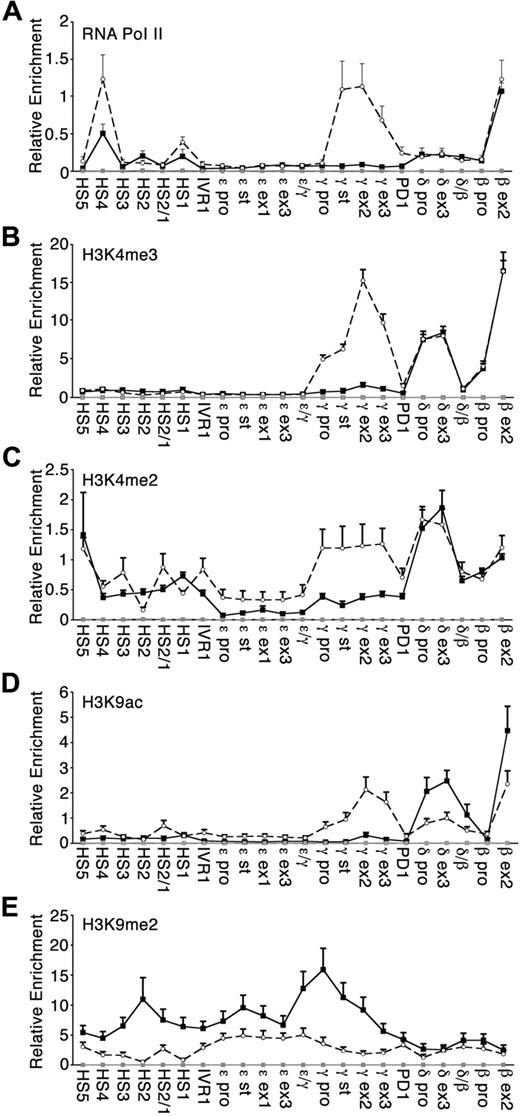 Figure 2. RNA polymerase II occupancy and histone modifications across the human β-globin locus. ChIPs were performed on culture day 9 using antibodies specific to (A) RNA polymerase II, (B) trimethylated histone H3 lysine 4 (H3K4me3), (C) dimethylated histone H3 lysine 4 (H3K4me2), (D) acetylated histone 3 lysine 9 (H3K9ac), and (E) dimethylated histone H3 lysine 9 (H3K9me2). Plotted values are relative enrichments (y-axis) measured for sites in the β-globin locus (x-axis) in low-HbF (■, black solid line) and high-HbF (○, black broken line). Antibody against IgG was used as a nonspecific control (gray line). Three to 6 separate donor-matched experiments were analyzed for each antibody under each condition; SE is indicated. Note that the scales on the y-axis differ between the panels.
