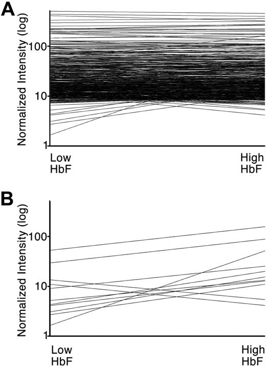 Figure 4. Differential transcription factor genes expression associated with increased HbF expression. (A) Array normalized intensity level (y-axis) for 534 probe sets representing 369 transcription factors. The lines attach average normalized intensity levels for all RNA pools of adult human erythroblasts cultured under low-HbF (left) versus high-HbF (right) conditions are shown. (B) Comparable image of 11 probe sets demonstrating greater than 2.5-fold change in normalized intensity by comparison of low-HbF (left) versus high-HbF (right) culture conditions. Probe identities and intensity levels are shown in Table 2 and supplemental Table 3 (bold font).