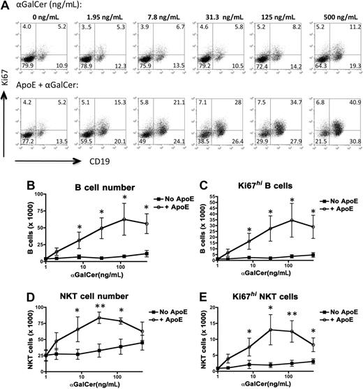 Figure 1. ApoE enhances NKT- and B-cell activation by α-galactosylceramide. NKT cells and tonsil B cells were cultured in SFM plus αGalCer (0-500 ng/mL) with (top row) or without (bottom row) apoE (2.5 μg/mL) as indicated. On day 4 of culture, cells were counted and stained with anti-CD19, anti-CD3, and anti–Ki-67. (A) Representative dot plots of CD19 and intracellular Ki-67 expression on day 4 of culture. Average (mean ± SEM) total B-cell number (B), Ki-67hi B-cell number (C), total NKT-cell number (D), and Ki-67hi NKT-cell number (E) obtained from 5 individual tonsils from independent experiments. Significant differences (paired t test): *P < .05; **P < .001.