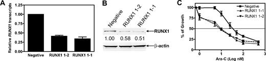 Figure 2. shRNA knockdown of RUNX1 in Meg-01 cells resulted in increased sensitivity to ara-C. (A-B) Meg-01 cells were infected by RUNX1 shRNA lentivirus clones. After selection with puromycin, infected Meg-01 cells were plated in soft agar. Colonies were isolated, expanded, and tested for RUNX1 expression by real-time RT-PCR (A) and Western blotting (B). Two colonies (designated RUNX1 1-1 and RUNX1 1-2) with decreased RUNX1 gene expression were selected as candidates for further study. A pool of cells from the negative control transduction was used as the control (designated negative). (C) The RUNX1 1-1, RUNX1 1-2, and negative cells were cultured in complete medium with dialyzed FBS in 96-well plates at a density of 4 × 104 cells/mL. Cells were cultured continuously with a range of concentrations of ara-C at 37°C, and cell numbers were determined with the Cell Titer–blue reagent and a fluorescence microplate reader. The data represent mean values ± SEs from at least 3 independent experiments.