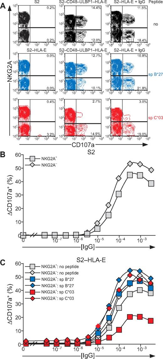 Figure 7. Resting NK-cell degranulation induced by 2B4 and NKG2D synergy or CD16 is inhibited by CD94/NKG2A engagement. Resting NK cells were mixed with S2, S2–HLA-E, or S2–CD48–ULBP1–HLA-E that had been preincubated with peptides as specified. For Fc-receptor stimulation, S2 cells were also preincubated with a rabbit anti-S2 serum (+ IgG). Cells were incubated for 2 hours at 37°C, then stained with fluorochrome-conjugated anti-CD56, anti-CD107a, and anti-NKG2A mAbs. NK cells were gated on forward scatter/side scatter plots and CD56dim expression. (A) The profiles show NKG2A versus CD107a mAb staining. (B-C) S2 cells were preincubated with serial dilutions of a rabbit anti-S2 serum. The percentage of ΔCD107a+ NK cells from 1 representative experiment is shown. Experiments are representative of 3 independent experiments.