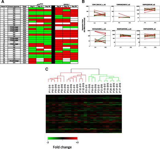 Figure 4. Methylation status and gene expression of candidate TSGs in purified CD34+ hematopoietic progenitors. (A) Promoter methylation of p15INK4B and SOCS-1 was monitored by MSP in CD34+ cells from 30 patients before treatment (day 0) and on days 15 and 29 of the first cycle of therapy. There is no association of reversal of candidate TSG methylation status with clinical response to combination therapy with 5AC and entinostat. Red color indicates methylated status, green color indicates unmethylated status, and white color indicates sample was unavailable. Notations as per Figure 1. (B) Plots (log scale) of normalized gene expression in evaluable patients before and after 1 cycle of 5AC/entinostat therapy in TSG genes tested for methylation status as well as 2 other genes (RASSF1 and CEBPA) frequently hypermethylated in MDS. Green indicates clinical responder; and red, clinical nonresponder. (C) Hierarchical clustering of individual patients (n = 12) at day 0 and day 15.