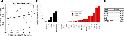 Figure 3. CD79b-vcMMAE efficacy is not blunted by somatic mutations or cell doubling time. (A) In vitro doubling time does not correlate with anti–CD79b-vcMMAE activity. (B) Anti–CD79b-vcMMAE has potent in vitro activity in both TP53 mutant and wild-type cell lines. (C) Anti–CD79b-vcMMAE in vitro activity is not perturbed by somatic mutations in common oncogenes.